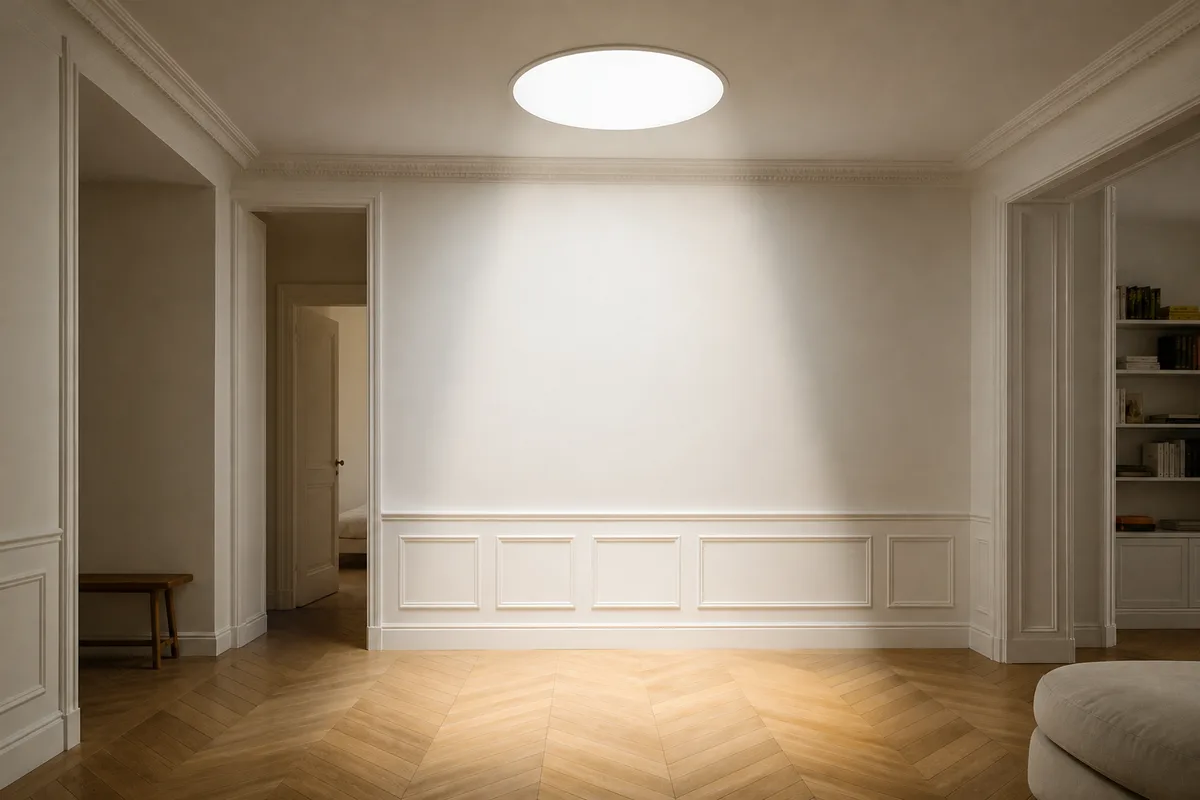 Puits de lumière vu depuis l'intérieur, diffuseur au plafond d'une pièce aveugle