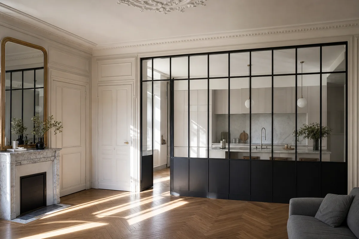 Verrière d'atelier en acier, montants verticaux régulièrement espacés